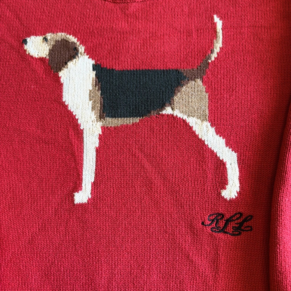 Lauren Ralph Lauren Red Cotton Dog Foxhound Intarsia Knit Sweater Womens XS RLL - Picture 2 of 12